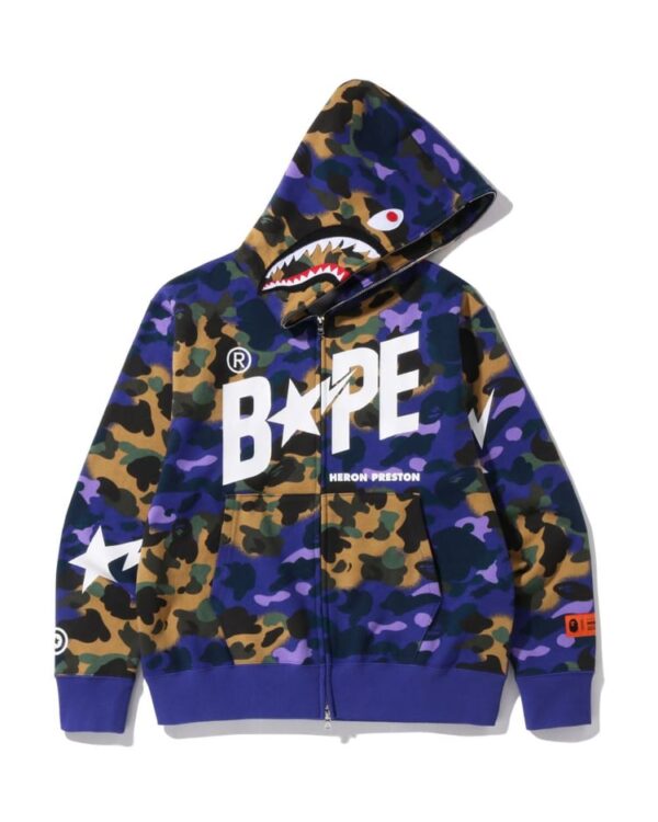 BAPE x HERON PRESTON MIX CAMO SHARK RELAXED FULL ZIP HOODIE BLUE