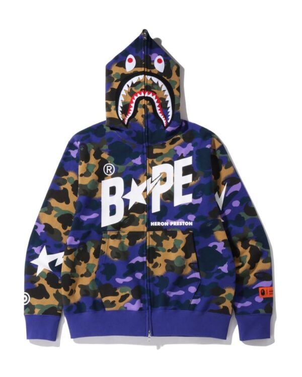 BAPE x HERON PRESTON MIX CAMO SHARK RELAXED FULL ZIP HOODIE BLUE